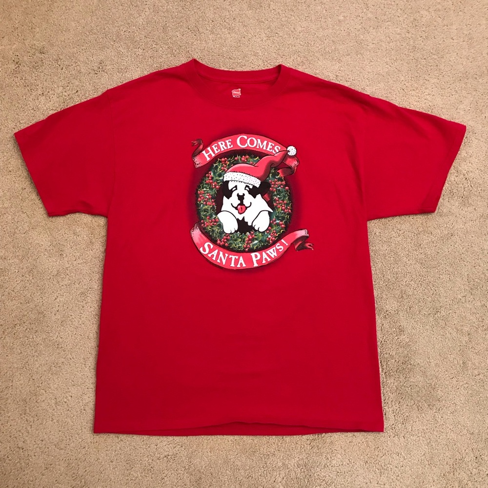Here Comes Santa Paws Vintage Hanes Tagless Graphic T Shirt Size L Red Xmas